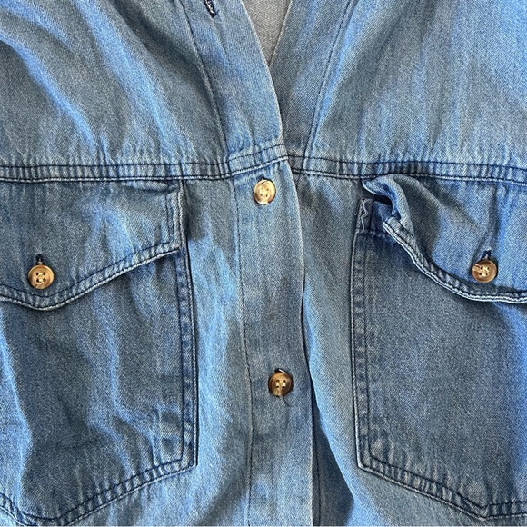 Vintage grunge Denim button down hoodie with Plaid Sleeves - Picture 4 of 8